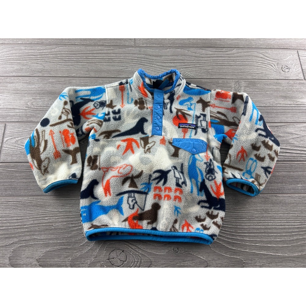 Patagonia Synchilla Fleece Pullover 3T Multicolor Animal Whale Bird Print Gray